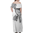 Aotearoa Moko Tribal Tattoo Family Matching Off Shoulder Maxi Dress and Hawaiian Shirt New Zealand Maori Penguin and Fantail White Color