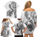 Aotearoa Moko Tribal Tattoo Family Matching Off Shoulder Short Dress and Hawaiian Shirt New Zealand Maori Penguin and Fantail White Color