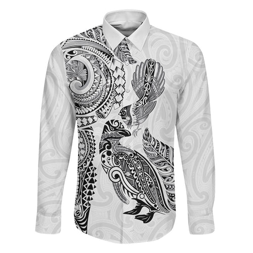 Aotearoa Moko Tribal Tattoo Family Matching Off Shoulder Short Dress and Hawaiian Shirt New Zealand Maori Penguin and Fantail White Color