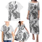 Aotearoa Moko Tribal Tattoo Family Matching Puletasi and Hawaiian Shirt New Zealand Maori Penguin and Fantail White Color