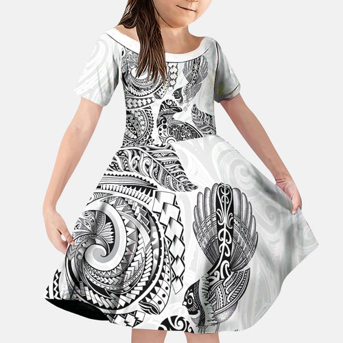 Aotearoa Moko Tribal Tattoo Family Matching Puletasi and Hawaiian Shirt New Zealand Maori Penguin and Fantail White Color