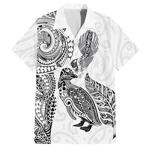 Aotearoa Moko Tribal Tattoo Family Matching Puletasi and Hawaiian Shirt New Zealand Maori Penguin and Fantail White Color