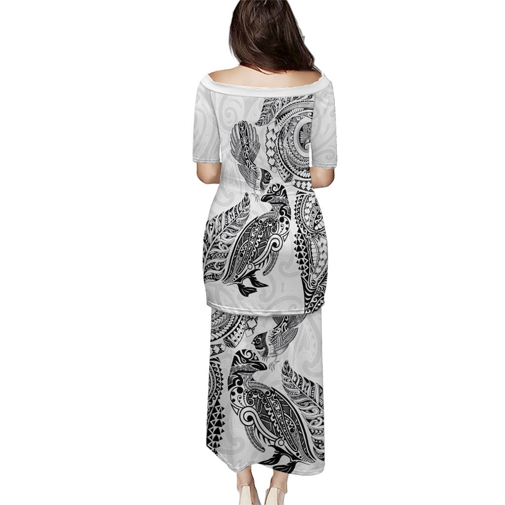 Aotearoa Moko Tribal Tattoo Family Matching Puletasi and Hawaiian Shirt New Zealand Maori Penguin and Fantail White Color