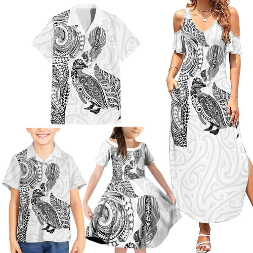 Aotearoa Moko Tribal Tattoo Family Matching Summer Maxi Dress and Hawaiian Shirt New Zealand Maori Penguin and Fantail White Color