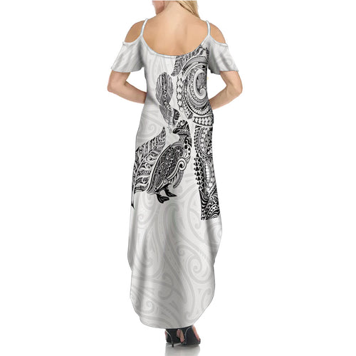 Aotearoa Moko Tribal Tattoo Family Matching Summer Maxi Dress and Hawaiian Shirt New Zealand Maori Penguin and Fantail White Color