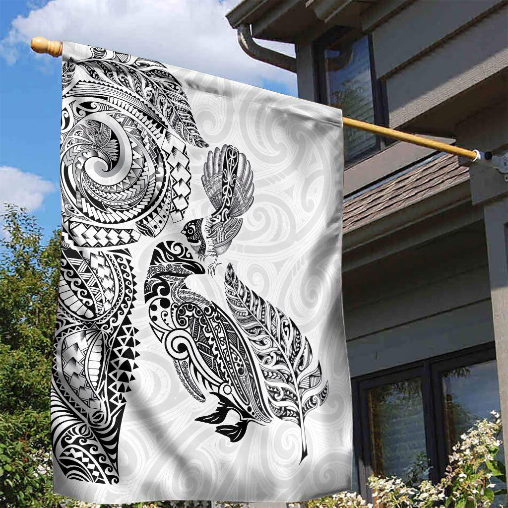 Aotearoa Moko Tribal Tattoo Garden Flag New Zealand Maori Penguin and Fantail White Color