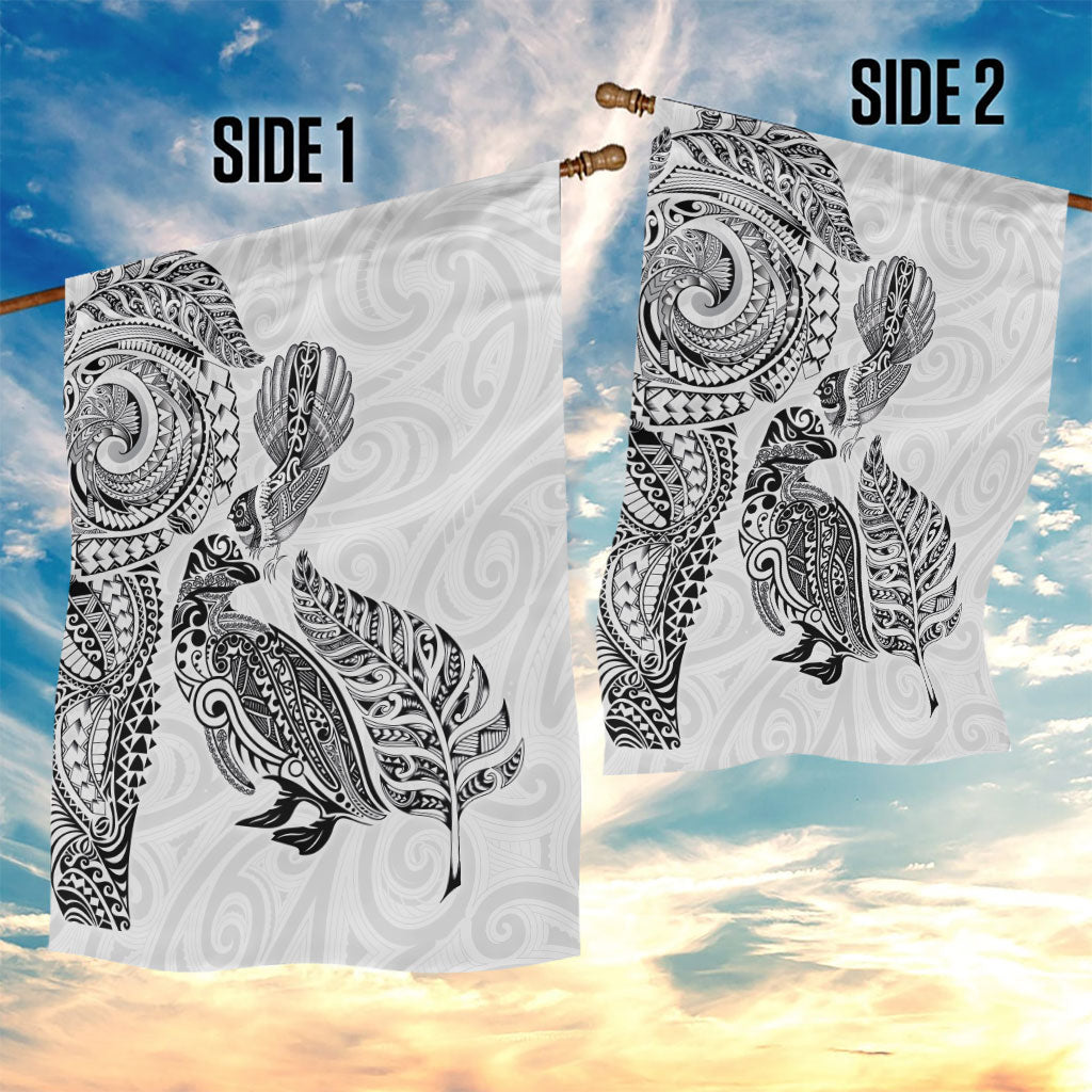 Aotearoa Moko Tribal Tattoo Garden Flag New Zealand Maori Penguin and Fantail White Color
