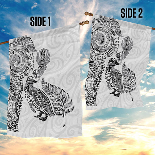 Aotearoa Moko Tribal Tattoo Garden Flag New Zealand Maori Penguin and Fantail White Color