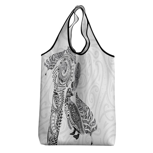 Aotearoa Moko Tribal Tattoo Grocery Bag New Zealand Maori Penguin and Fantail White Color