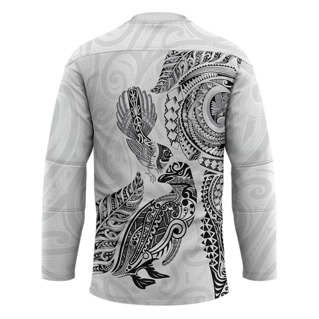 Aotearoa Moko Tribal Tattoo Hockey Jersey New Zealand Maori Penguin and Fantail White Color