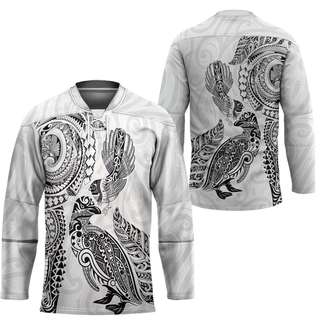 Aotearoa Moko Tribal Tattoo Hockey Jersey New Zealand Maori Penguin and Fantail White Color