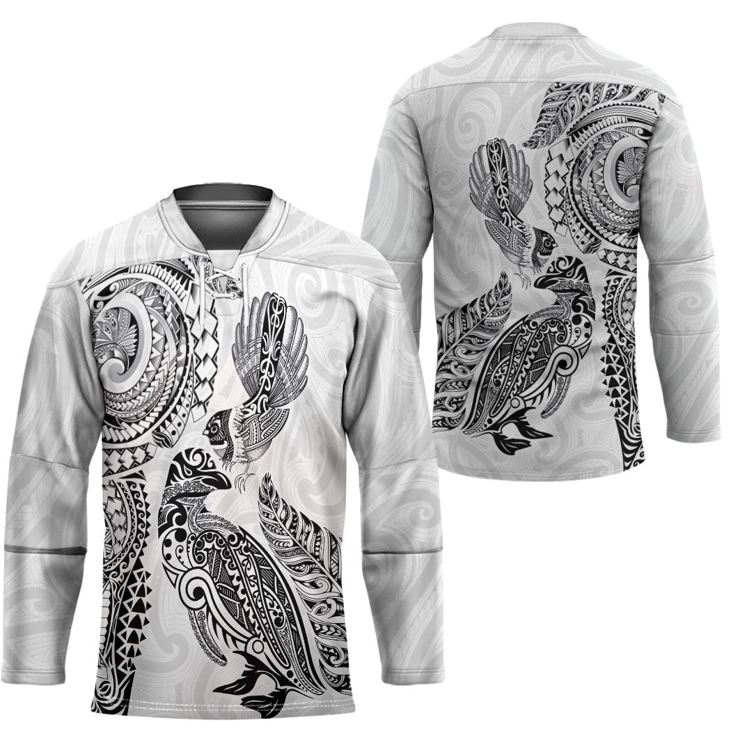 Aotearoa Moko Tribal Tattoo Hockey Jersey New Zealand Maori Penguin and Fantail White Color