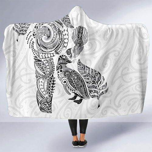 Aotearoa Moko Tribal Tattoo Hooded Blanket New Zealand Maori Penguin and Fantail White Color