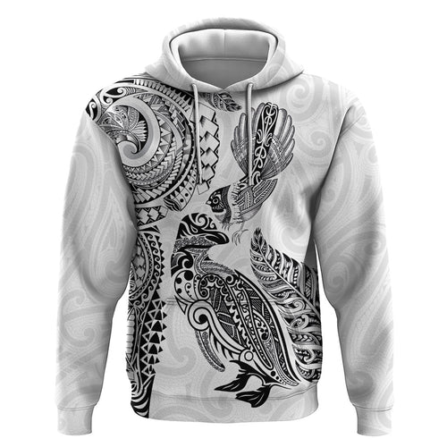 Aotearoa Moko Tribal Tattoo Hoodie New Zealand Maori Penguin and Fantail White Color