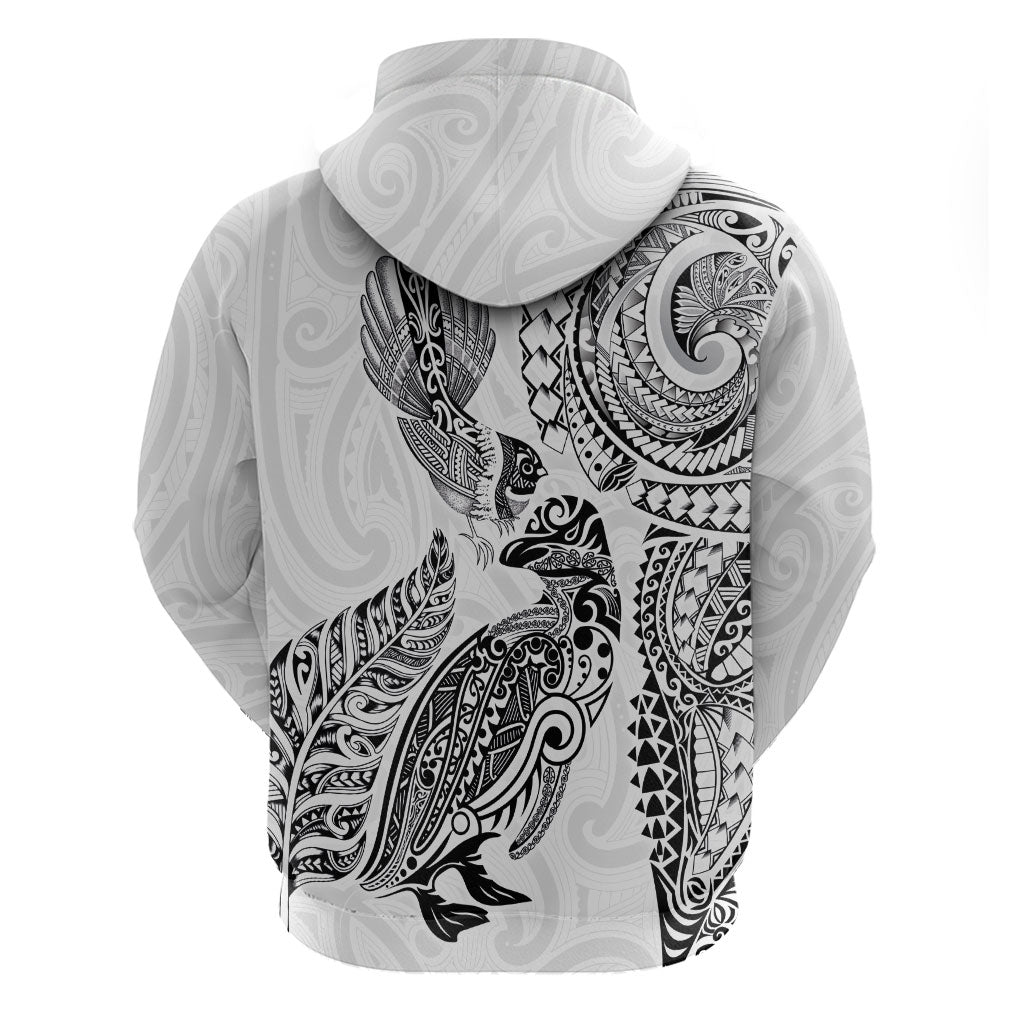 Aotearoa Moko Tribal Tattoo Hoodie New Zealand Maori Penguin and Fantail White Color