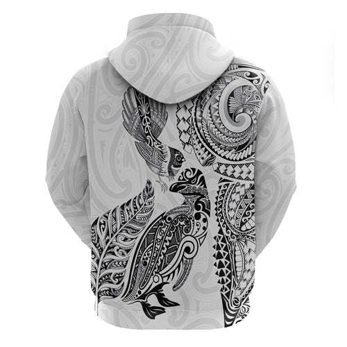 Aotearoa Moko Tribal Tattoo Hoodie New Zealand Maori Penguin and Fantail White Color