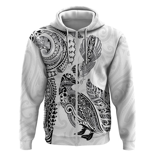 Aotearoa Moko Tribal Tattoo Hoodie New Zealand Maori Penguin and Fantail White Color