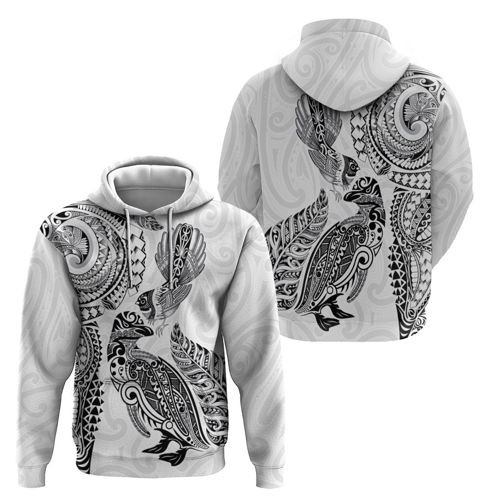 Aotearoa Moko Tribal Tattoo Hoodie New Zealand Maori Penguin and Fantail White Color