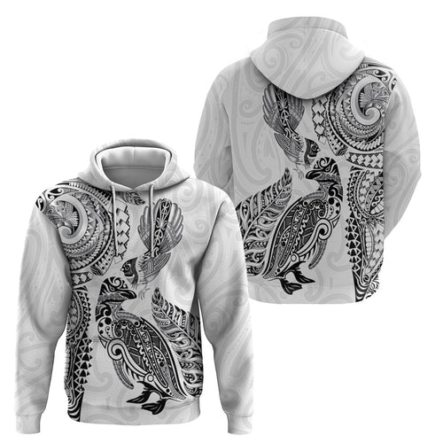 Aotearoa Moko Tribal Tattoo Hoodie New Zealand Maori Penguin and Fantail White Color