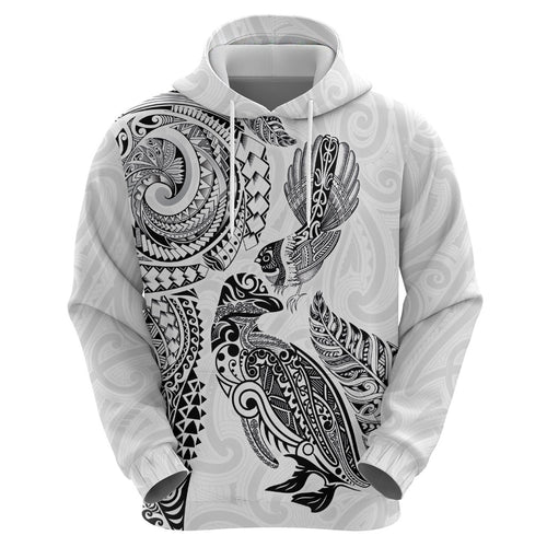 Aotearoa Moko Tribal Tattoo Hoodie New Zealand Maori Penguin and Fantail White Color