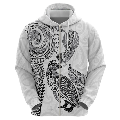 Aotearoa Moko Tribal Tattoo Hoodie New Zealand Maori Penguin and Fantail White Color