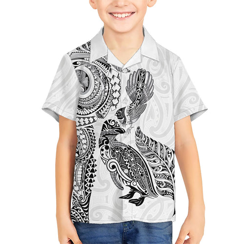 Aotearoa Moko Tribal Tattoo Kid Hawaiian Shirt New Zealand Maori Penguin and Fantail White Color