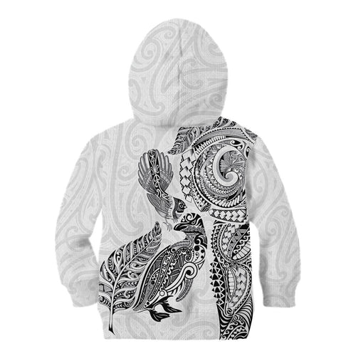 Aotearoa Moko Tribal Tattoo Kid Hoodie New Zealand Maori Penguin and Fantail White Color