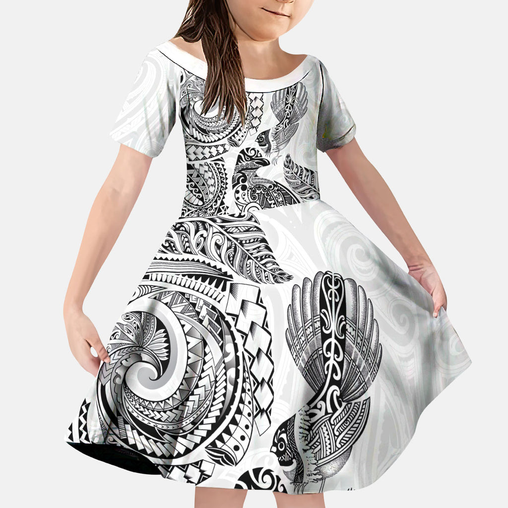 Aotearoa Moko Tribal Tattoo Kid Short Sleeve Dress New Zealand Maori Penguin and Fantail White Color