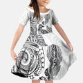 Aotearoa Moko Tribal Tattoo Kid Short Sleeve Dress New Zealand Maori Penguin and Fantail White Color