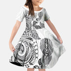 Aotearoa Moko Tribal Tattoo Kid Short Sleeve Dress New Zealand Maori Penguin and Fantail White Color