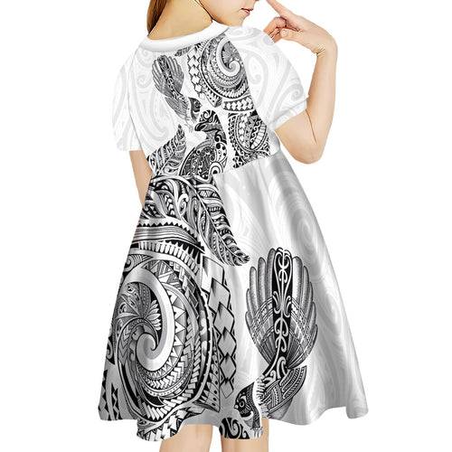 Aotearoa Moko Tribal Tattoo Kid Short Sleeve Dress New Zealand Maori Penguin and Fantail White Color