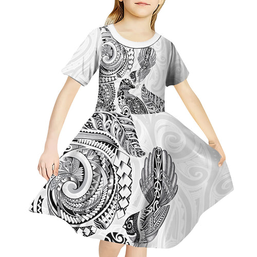Aotearoa Moko Tribal Tattoo Kid Short Sleeve Dress New Zealand Maori Penguin and Fantail White Color