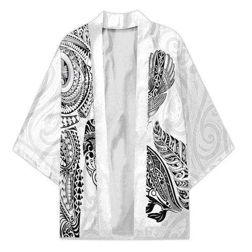 Aotearoa Moko Tribal Tattoo Kimono New Zealand Maori Penguin and Fantail White Color