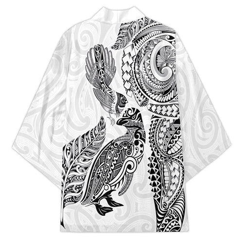 Aotearoa Moko Tribal Tattoo Kimono New Zealand Maori Penguin and Fantail White Color