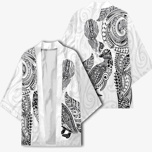 Aotearoa Moko Tribal Tattoo Kimono New Zealand Maori Penguin and Fantail White Color