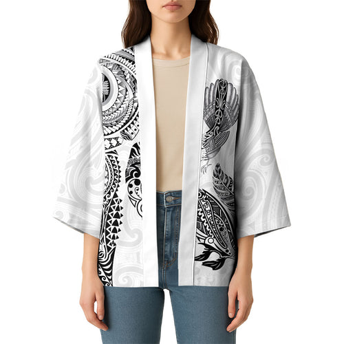 Aotearoa Moko Tribal Tattoo Kimono New Zealand Maori Penguin and Fantail White Color