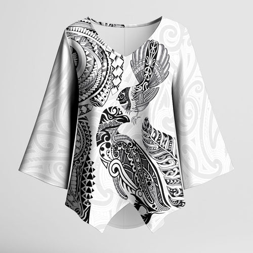 Aotearoa Moko Tribal Tattoo Kimono Sleeve Blouse New Zealand Maori Penguin and Fantail White Color
