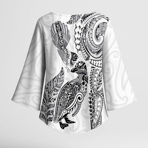 Aotearoa Moko Tribal Tattoo Kimono Sleeve Blouse New Zealand Maori Penguin and Fantail White Color