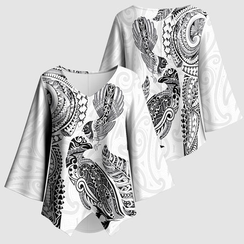 Aotearoa Moko Tribal Tattoo Kimono Sleeve Blouse New Zealand Maori Penguin and Fantail White Color