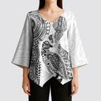 Aotearoa Moko Tribal Tattoo Kimono Sleeve Blouse New Zealand Maori Penguin and Fantail White Color