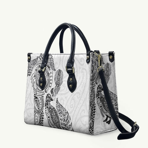 Aotearoa Moko Tribal Tattoo Leather Bag New Zealand Maori Penguin and Fantail White Color