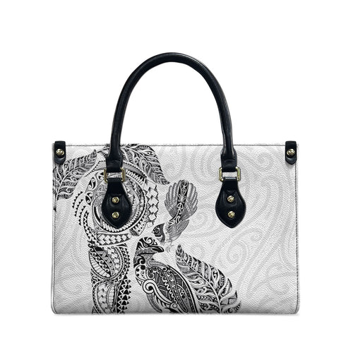 Aotearoa Moko Tribal Tattoo Leather Bag New Zealand Maori Penguin and Fantail White Color