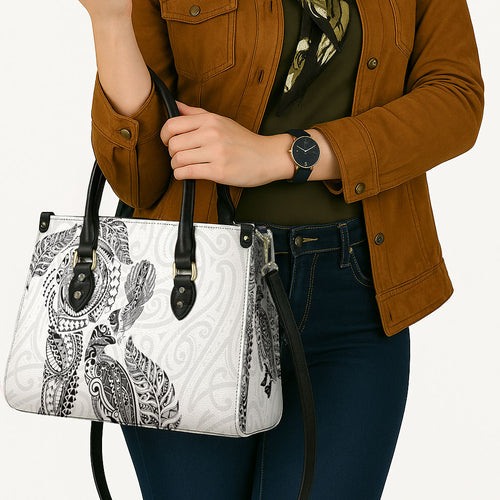 Aotearoa Moko Tribal Tattoo Leather Bag New Zealand Maori Penguin and Fantail White Color