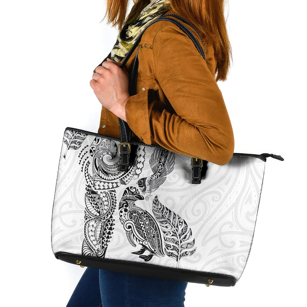 Aotearoa Moko Tribal Tattoo Leather Tote Bag New Zealand Maori Penguin and Fantail White Color