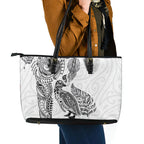 Aotearoa Moko Tribal Tattoo Leather Tote Bag New Zealand Maori Penguin and Fantail White Color