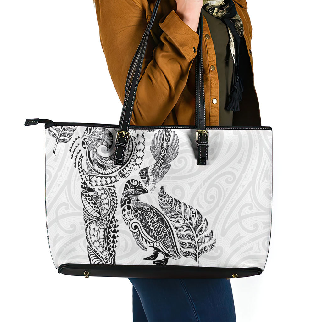 Aotearoa Moko Tribal Tattoo Leather Tote Bag New Zealand Maori Penguin and Fantail White Color