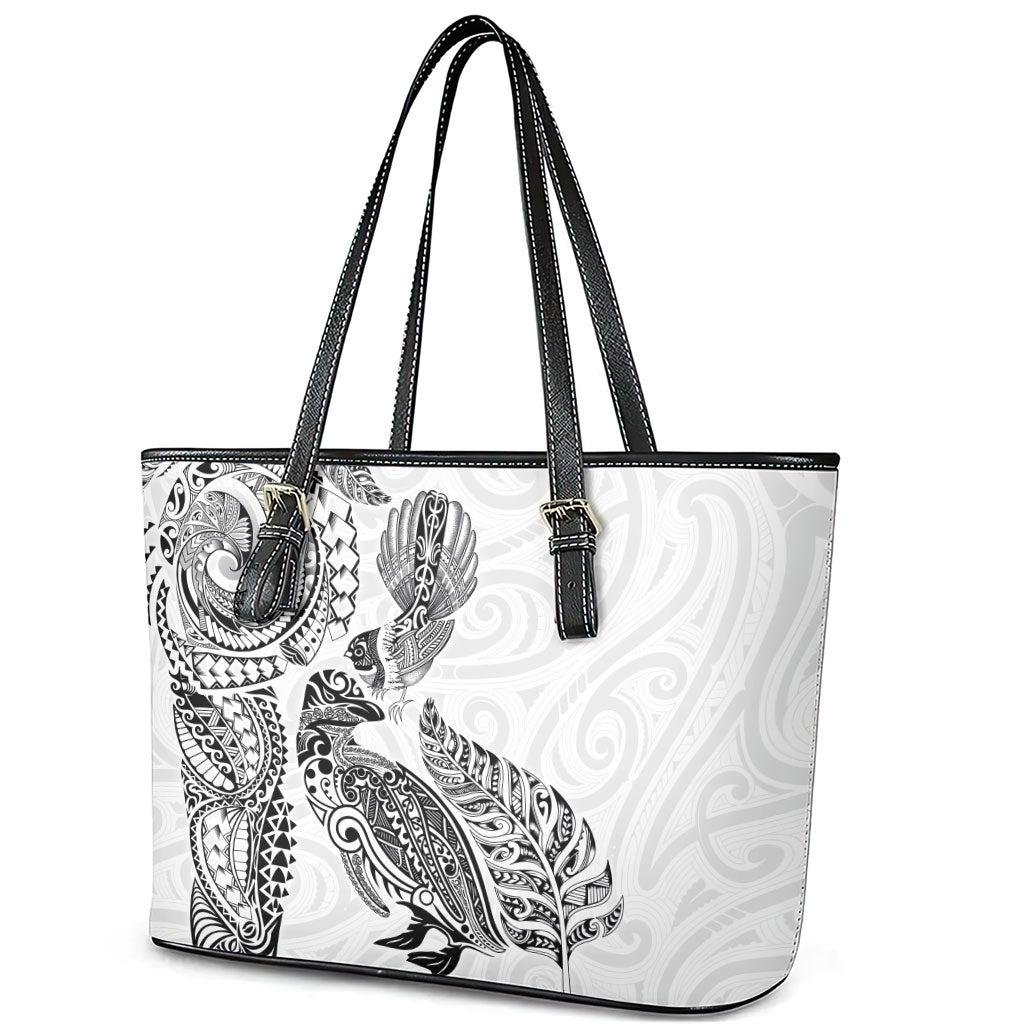 Aotearoa Moko Tribal Tattoo Leather Tote Bag New Zealand Maori Penguin and Fantail White Color