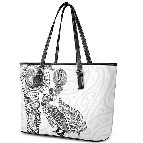 Aotearoa Moko Tribal Tattoo Leather Tote Bag New Zealand Maori Penguin and Fantail White Color