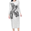 Aotearoa Moko Tribal Tattoo Long Sleeve Bodycon Dress New Zealand Maori Penguin and Fantail White Color