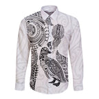 Aotearoa Moko Tribal Tattoo Long Sleeve Button Shirt New Zealand Maori Penguin and Fantail White Color